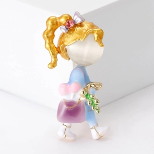 Broche en Émail Mignonne Fille de Dessin Animé pour Femmes Alliage Strass Pierre Oeil de Chat Bijoux de Mode Fixation