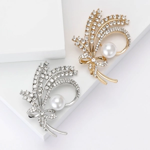 Elegant Wheat Ear Artificial Pearl Rhinestone Brooch Alloy Floral Pin For Women Wedding Party Jewelry Gold Silver Accessory