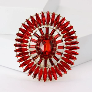 Detail of luxury red crystal brooch featuring oval gemstone in radiant gold setting