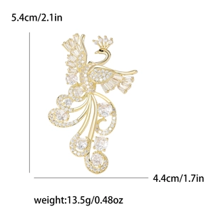 Luxurious gold-plated peacock brooch with sparkling cubic zirconia crystals for women