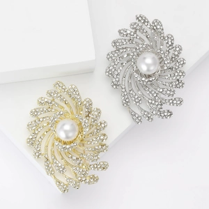 Elegant Luxury Alloy Artificial Pearl Rhinestone Firework Brooch Vintage Spiral Flower Pin For Women Wedding Banquet Jewelry Gift