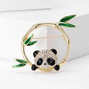 Cute Panda Bamboo Ring Brooch For Women Gold Plated Alloy Rhinestone Enamel Bamboo Leaf Animal Pin Badge Fashion Jewelry Gift