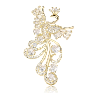 Luxury phoenix brooch pin in gold-plated copper with sparkling white cubic zirconia