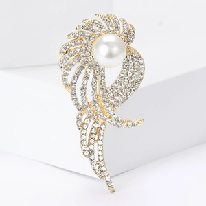 Elegante Spilla a Forma di Piuma in Lega Con Perla Artificial e Strass Spilla di Lusso a Ala per Donna Gioielli per Matrimonio e Banchetto