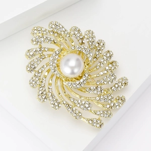 Elegant gold fireworks brooch with a white pearl and sparkling rhinestones for women