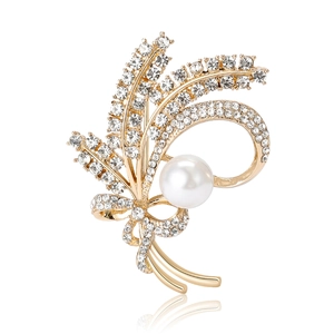 Elegant gold wheat brooch with sparkling rhinestones and a large center faux pearl
