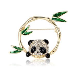Fashionable panda brooch with golden bamboo frame and sparkling crystal paving stones