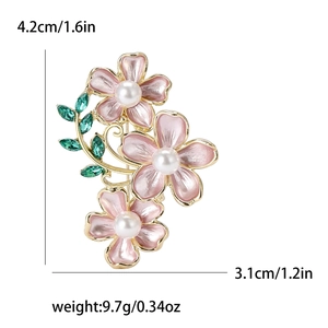 Elegant fashion camellia brooch with pink enamel flowers and white pearls on gold base