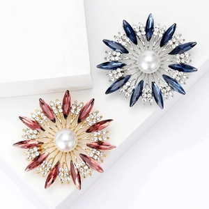 Elegant sunflower brooch set with rhinestones and faux pearls in blue and red purple