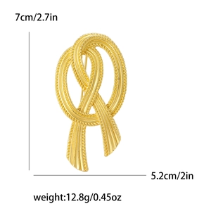 Vintage gold bow brooch with twisted rope texture and detailed size dimensions