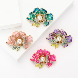 Broche Pivoine en Émail Élégante pour Femmes Épingle en Alliage Plaqué Or avec Imitation de Künstliche Perle Strass Bijoux de Banquet