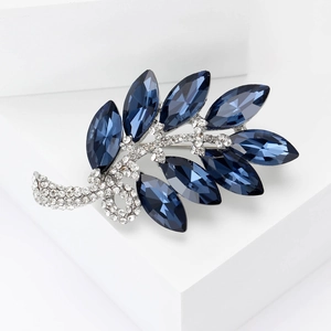 Broche élégante en forme de feuille avec cristaux bleu foncé et strass argentés pour robes