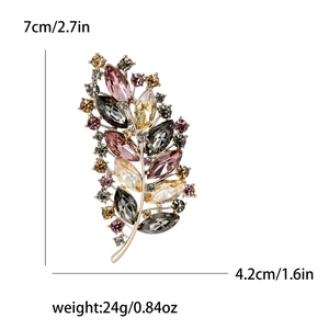 Luxurious leaf brooch with colorful crystals and rhinestones, size 7x4.2cm on white background