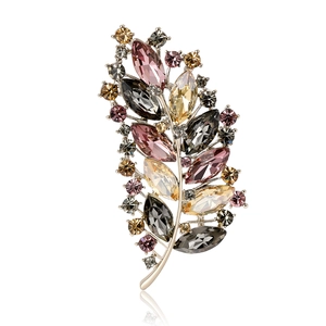 Elegant gold leaf brooch with colorful sparkling crystals for women's suits and coats