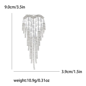 Detailed size specifications of the heart-shaped fringe brooch with crystal rhinestones