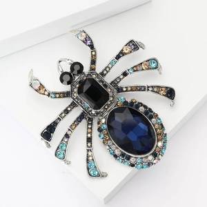 Broche araignée vintage en alliage avec strass colorés et gemmes de cristal bleu