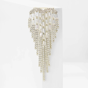 Elegant heart-shaped silver brooch with cascading diamond tassels on white background