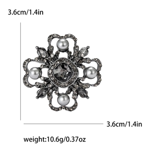 Vintage silver baroque flower brooch with grey crystals and pearls, 3.6cm x 3.6cm size