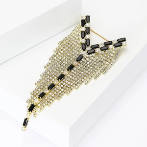 Spilla elegante a forma di V con nappe dorate, strass trasparenti e gemme nere per cappotto