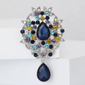 Vintage palace style alloy brooch with blue water drop crystal and colorful rhinestones