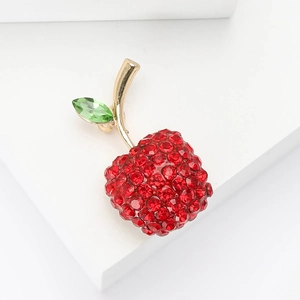 Broche pomme en cristal étincelant avec strass rouges et feuille dorée pour femmes