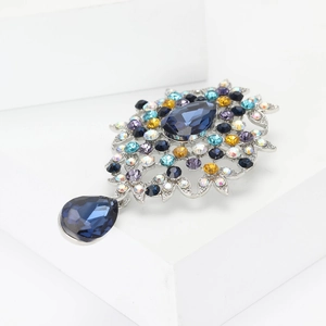 Elegant vintage alloy brooch with blue teardrop crystals and colorful rhinestones