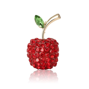 Broche pomme rouge avec strass brillants et feuille de cristal vert sur métal doré