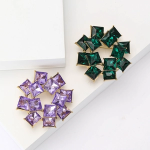 Vintage Alloy Rhinestone Wreath Brooch For Women Geometric Circle Design Square Cut Crystal Breastpin Jewelry Accessory Gift
