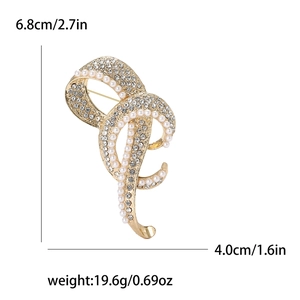 Eleganter goldfarbener Knotenbrosche mit weißen Strasssteinen und Perlen, Höhe 6,8 cm