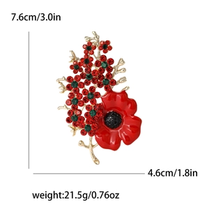 Spilla fiore di papavero rosso con strass e dimensioni 7.6cm x 4.6cm per giacca
