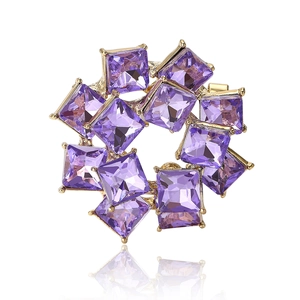 Elegant gold double-layered brooch featuring square-cut purple crystals in a floral wreath shape
