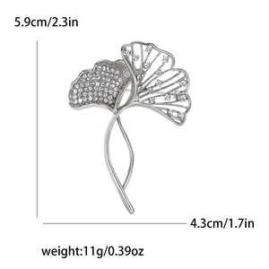 Detail showing dimensions of silver ginkgo leaf brooch with sparkling rhinestones