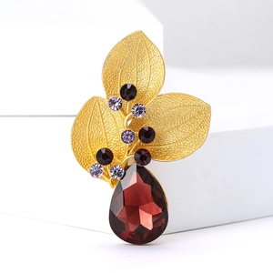 Broche Feuille en Alliage d'Or Mat Vintage pour Femmes Avec Pendentif Goutte d'Eau en Strass Violet Élégante Broche Fleur Bijou Accessoire