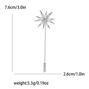 Detailed dimensions of silver eight-point star pin showing 7.6cm length and 2.6cm width