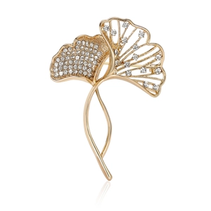 Elegant gold ginkgo leaf brooch with crystals for women's blazer and accessories