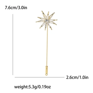 Minimalist gold eight-pointed star brooch pin with cubic zirconia and 7.6cm long needle