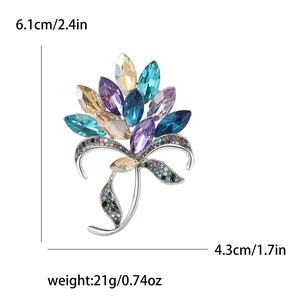 Detail view of colorful rhinestone flower bouquet brooch showing 6.1cm by 4.3cm dimensions