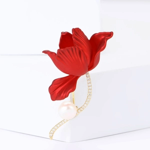 Elegant red flower brooch with white pearl and micro-pave zircons in gold-plated finish
