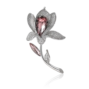 Luxurious lily flower brooch with pink gems and zircons in elegant silver finish