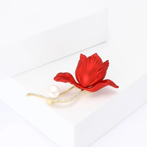 Elegant red tulip flower brooch with gold stem micro-set zircon and white pearl