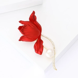 Elegant red flower brooch with gold stem, pavé crystals and large white pearl accent