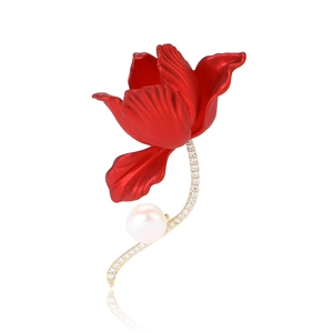 Red Tulip Brooch Copper Zirconia Inlaid Gold Plated Metal With Artificial Pearl Matte Finish Elegant Vintage Jewelry For Women Banquet Wedding Accessories