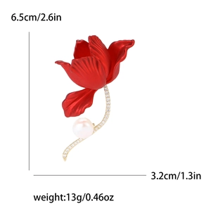 Elegant red tulip brooch with micro-pave zircons and white pearl on white background