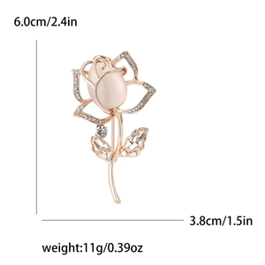 Rose gold tulip brooch with pink cat eye stone and white rhinestones, size dimensions