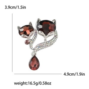 Broche renard en alliage avec pierres rouges et strass scintillants pour femme
