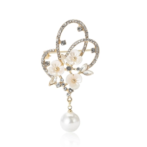 Broche cœur fleur en alliage doré élégante avec strass, pétales émaillés et perle blanche