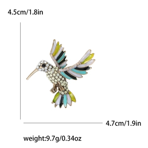 Broche colibri de mode en alliage avec ailes colorées et strass, taille 4,7x4,5cm