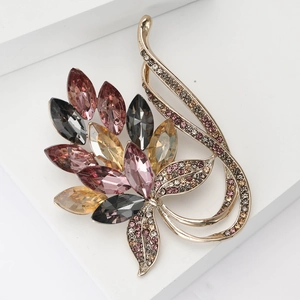 Broche orchidée élégante en alliage doré avec gemmes multicolores et strass scintillants