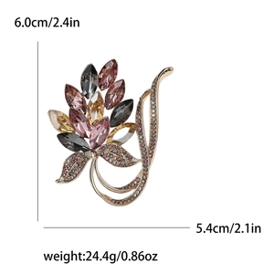 Élégante broche bouquet d'orchidées en alliage doré avec cristaux colorés 6cm x 5,4cm