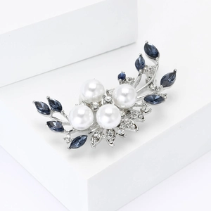 Elegant floral crescent brooch with pearls, navy blue gems, and crystals on silver alloy